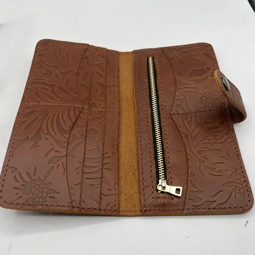 Portland Leather Goods Large Bifold Wallet Rich Brown Floral Tooled Leather NWOT